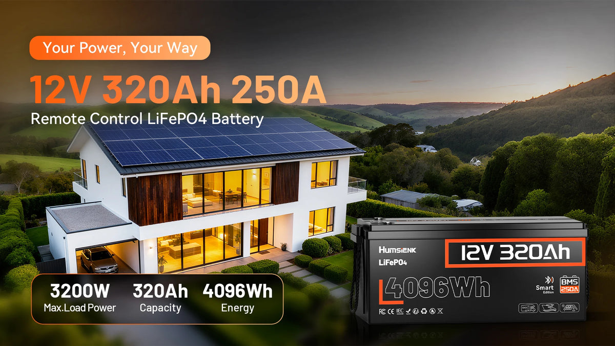 Humsienk 12V 320Ah Rechargeable Lithium Battery, Capacity 4096Wh, Built-in Bluetooth & 250A BMS, 15000+ Deep Cycle & 12V LiFePO4 Battery For RV, Van, Golf Cart, Boat, Camper, Marine, Trolling Motor, Off-Grid, Solar Energy Sto