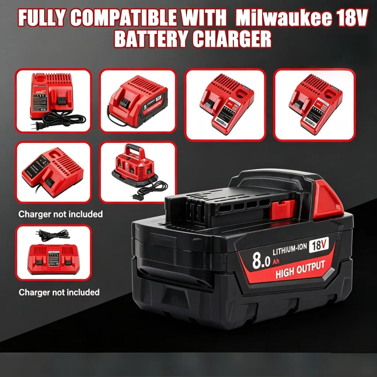 18V 8Ah Battery Pack Compatible with Milwaukee M18, Li-ion Replacement Battery for Cordless Power Tools