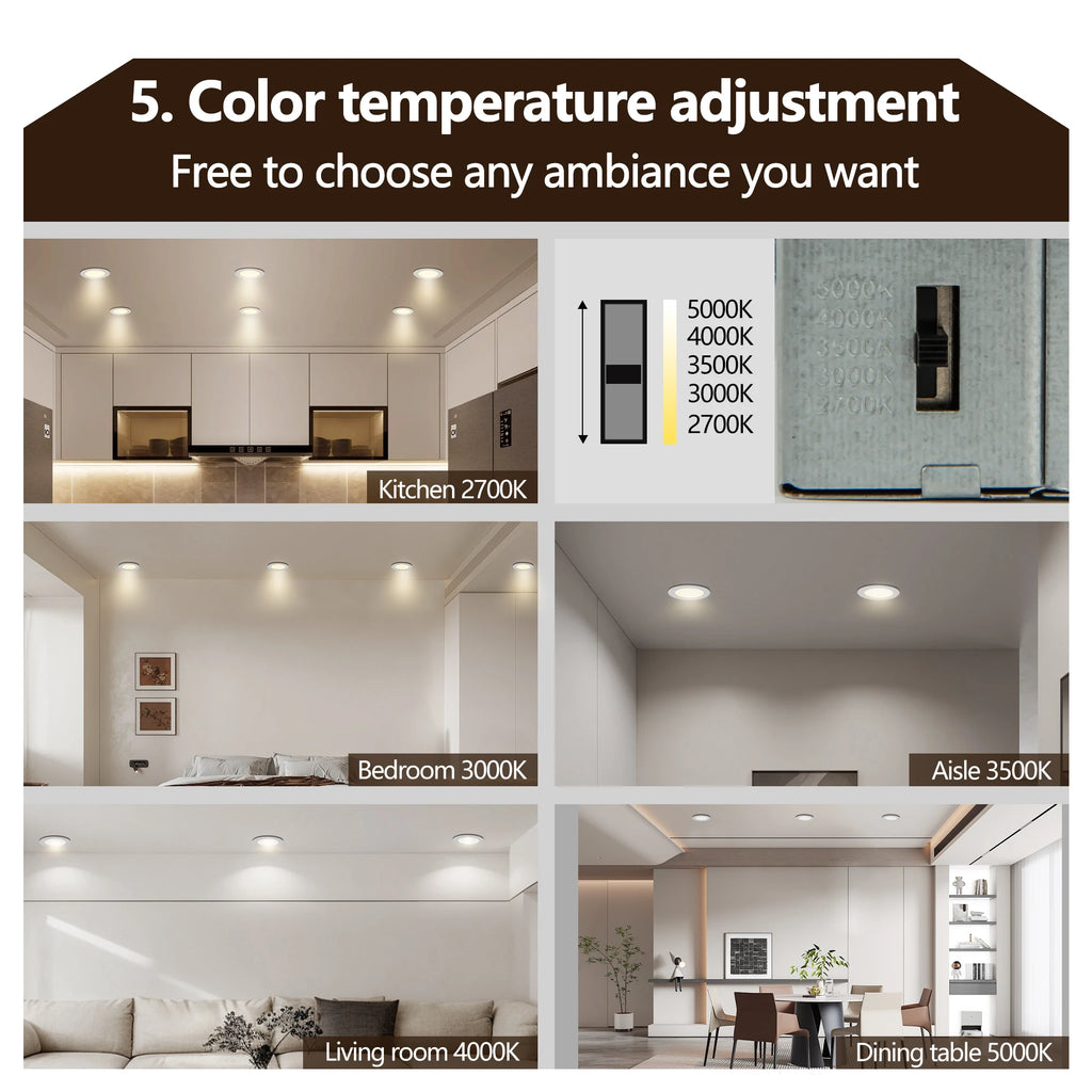 12-Piece Set of Shell-Less Led Ceiling Lights, Dimmable Recessed Downlights with Junction Box, 3000K-5000K Adjustable Color Temperature White Light