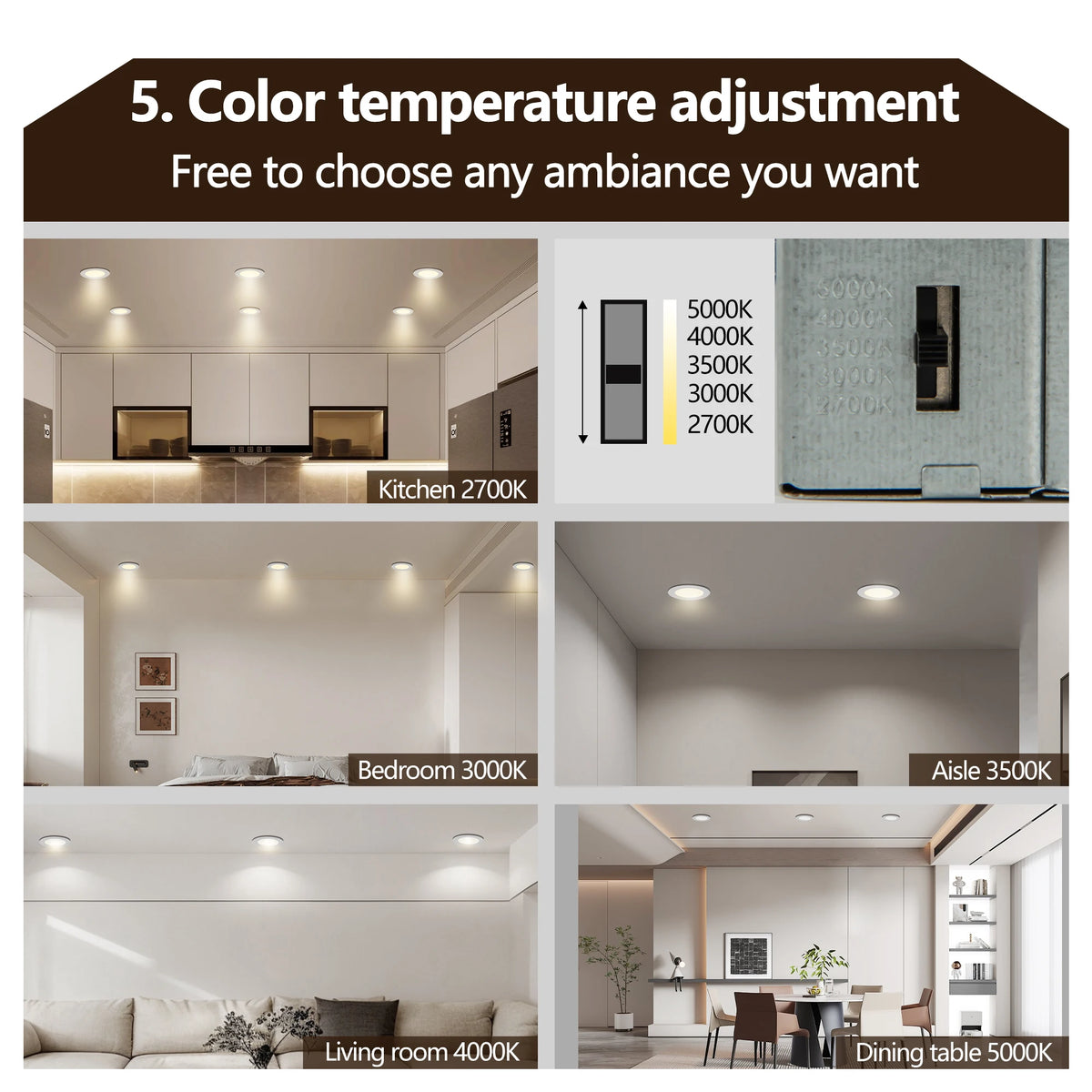 12-Piece Set of Shell-Less Led Ceiling Lights, Dimmable Recessed Downlights with Junction Box, 3000K-5000K Adjustable Color Temperature White Light
