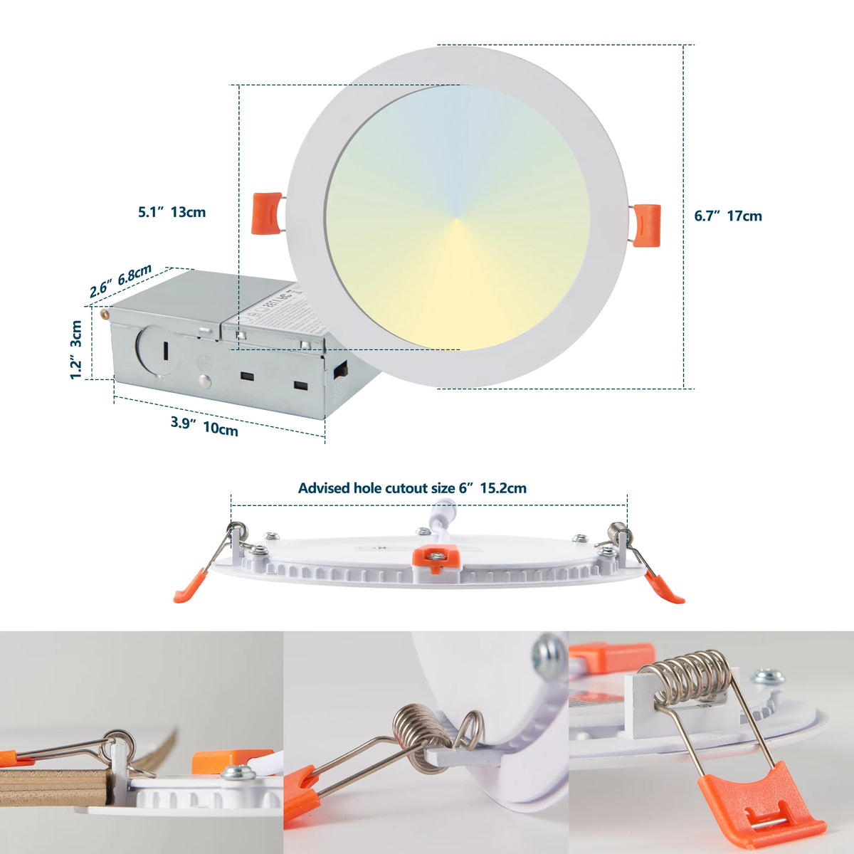 12-Piece Set of Shell-Less Led Ceiling Lights, Dimmable Recessed Downlights with Junction Box, 3000K-5000K Adjustable Color Temperature White Light