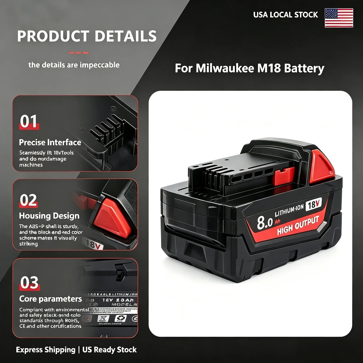 18V 8Ah Battery Pack Compatible with Milwaukee M18, Li-ion Replacement Battery for Cordless Power Tools