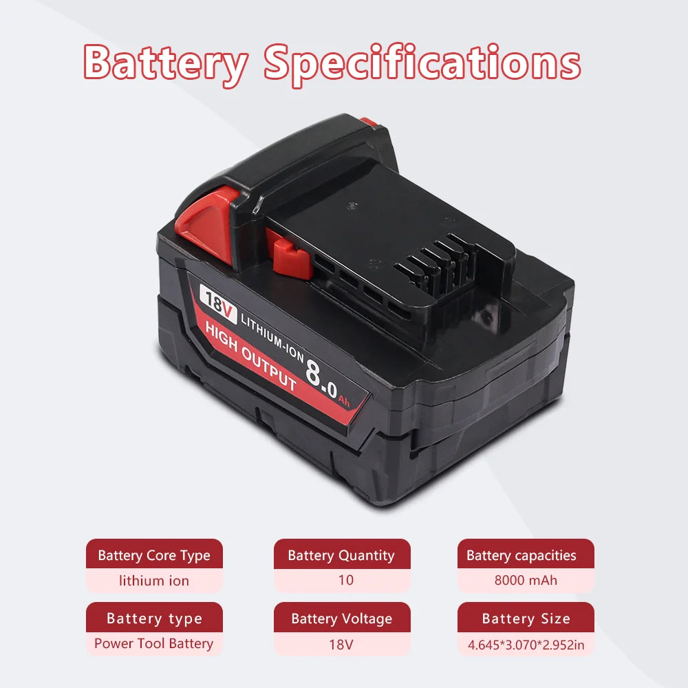 18V 8Ah Battery Pack Compatible with Milwaukee M18, Li-ion Replacement Battery for Cordless Power Tools