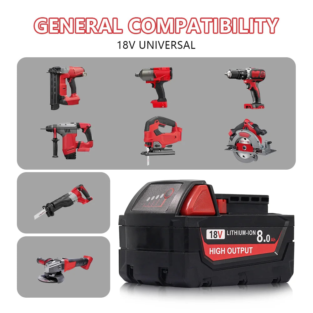 18V 8Ah Battery Pack Compatible with Milwaukee M18, Li-ion Replacement Battery for Cordless Power Tools