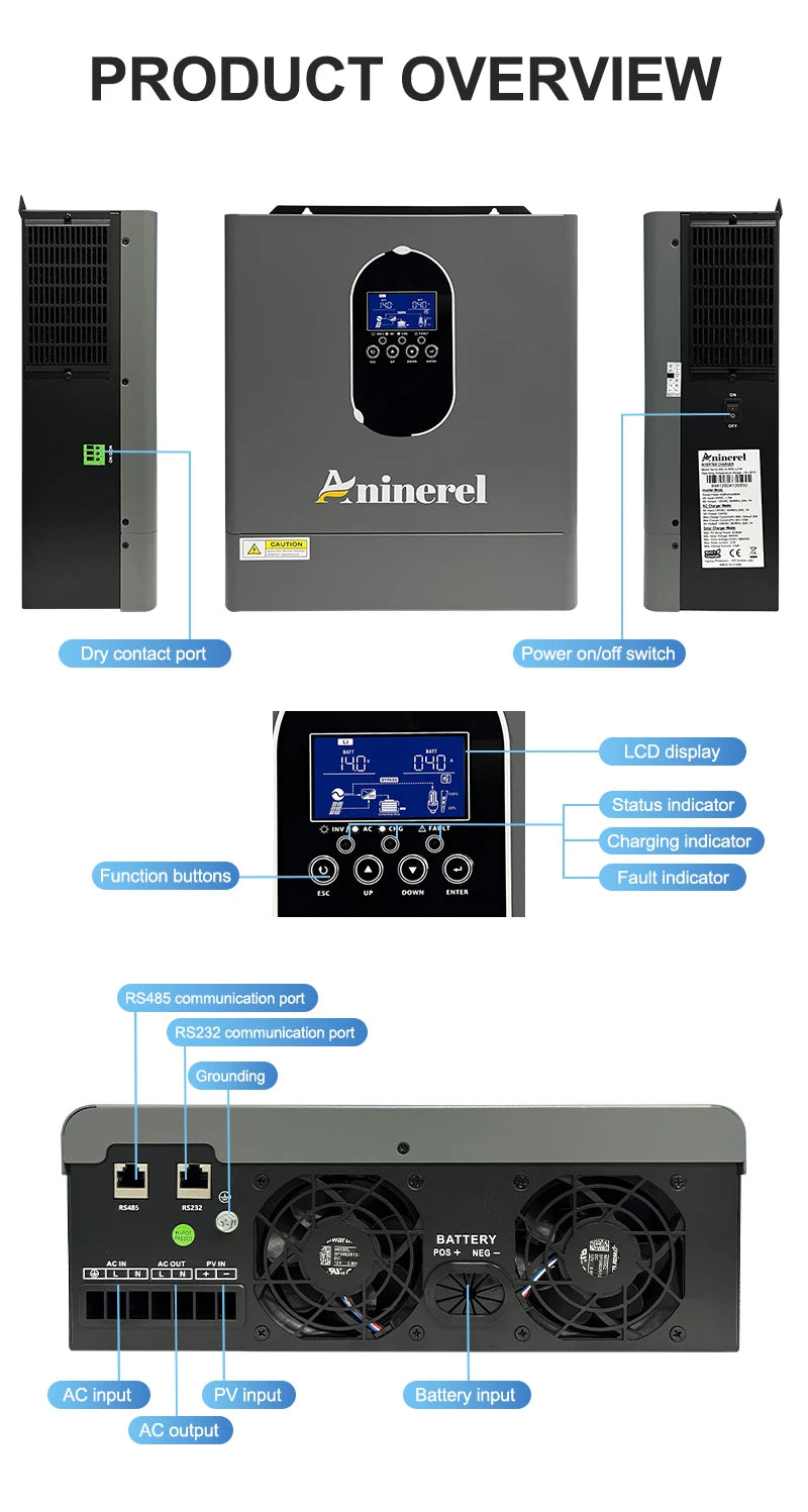 Aninerel US stock 110-120V NEW 4.2KW 24V hybrid Solar Inverter built-in MPPT 120A Charger Controller Pure Sine Wave Home Inverter WiFi